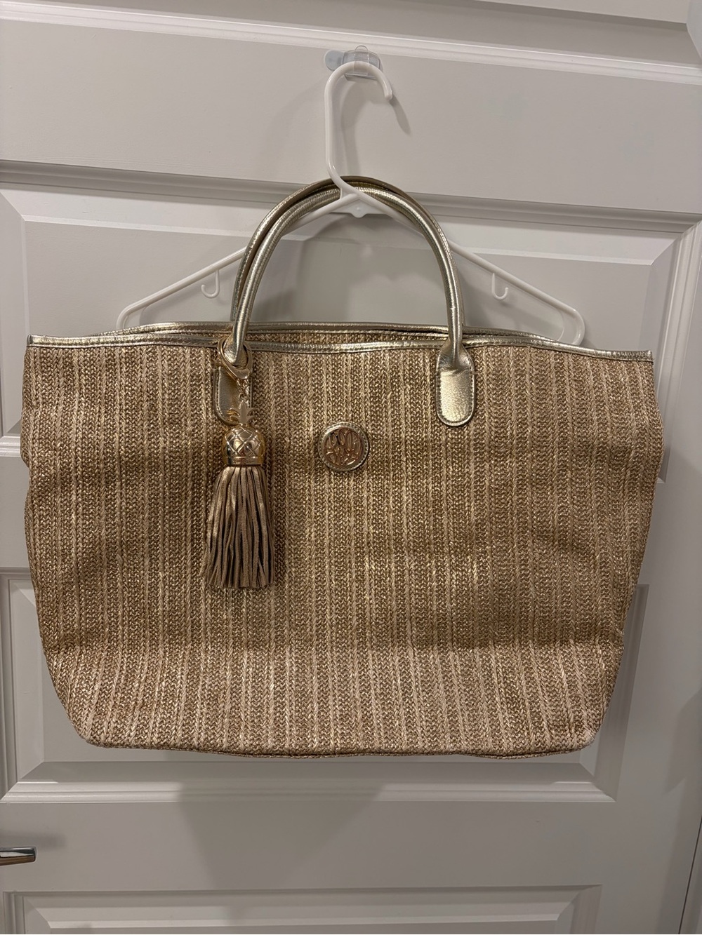 Lilly Pulitzer Gold Straw Tote with Tassel Charm